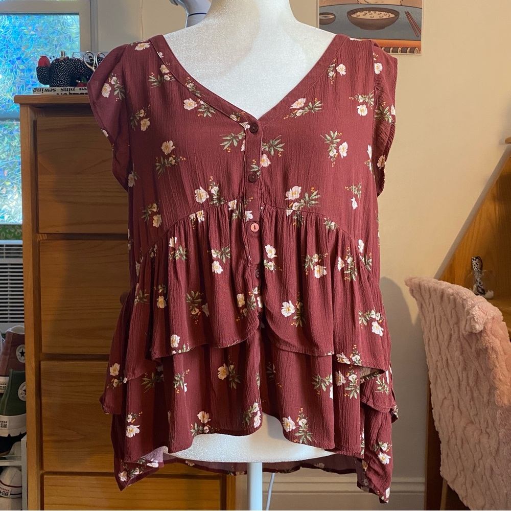 American Eagle Outfitters Burgundy Floral Ruffle Button Blouse